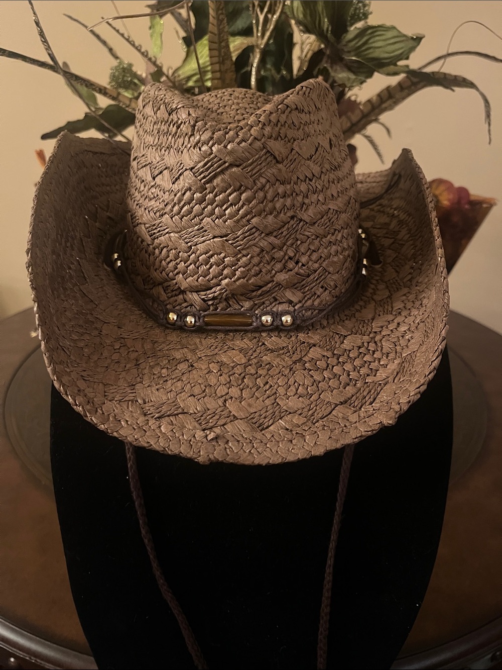 Brown Straw Western Sun Hat with Beaded Accent